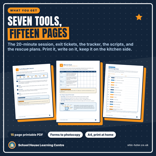 11+ Parent Playbook: seven tools across fifteen printable pages for running 11+ preparation at home