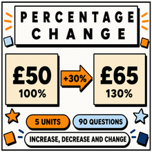 Percentage increase, decrease and change interactive maths lesson for 11+ and GCSE