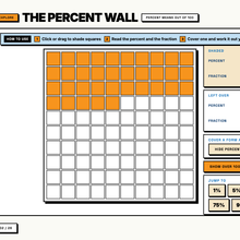 The Percent Wall interactive tool, shade squares to see the percentage and fraction