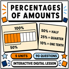 Percentages of Amounts interactive maths lesson for 11+ and GCSE, 5 units and 90 questions