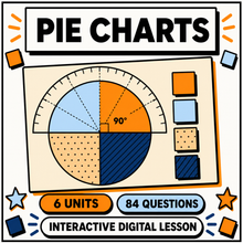 Pie Charts interactive maths lesson, 6 units and 84 questions for 11+ and GCSE