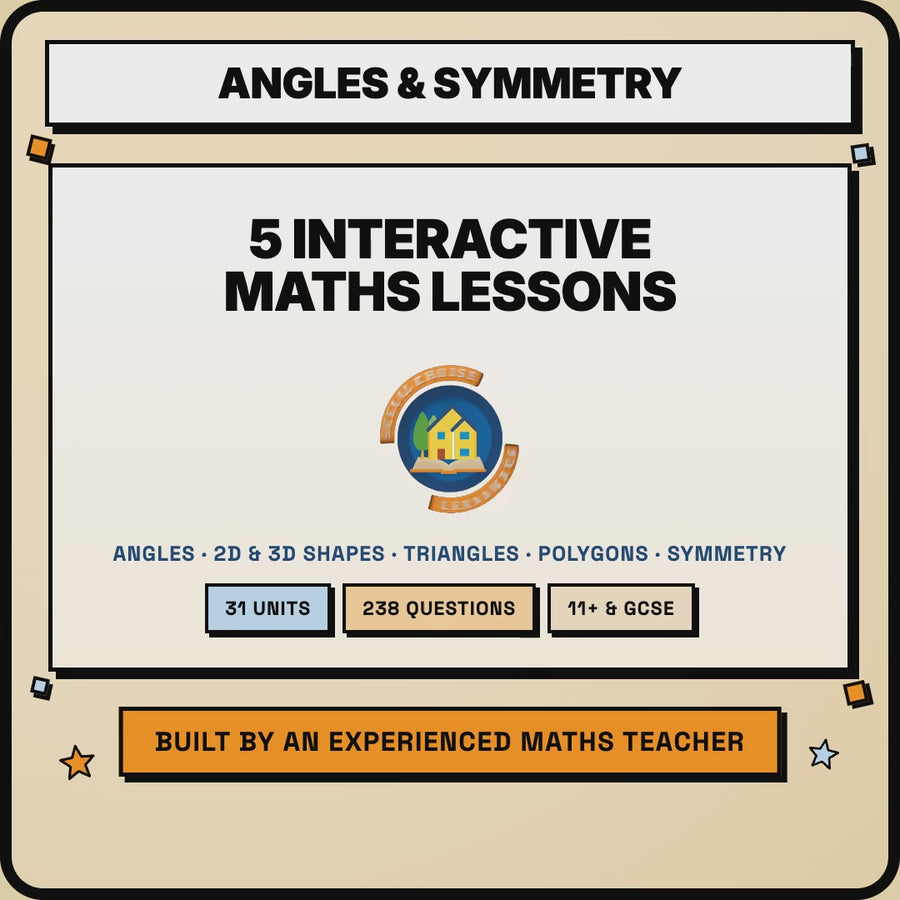 15 second demo of the Angles and Symmetry Mastery Bundle interactive lessons, worked example, polygon triangulation tool and self-checking answers