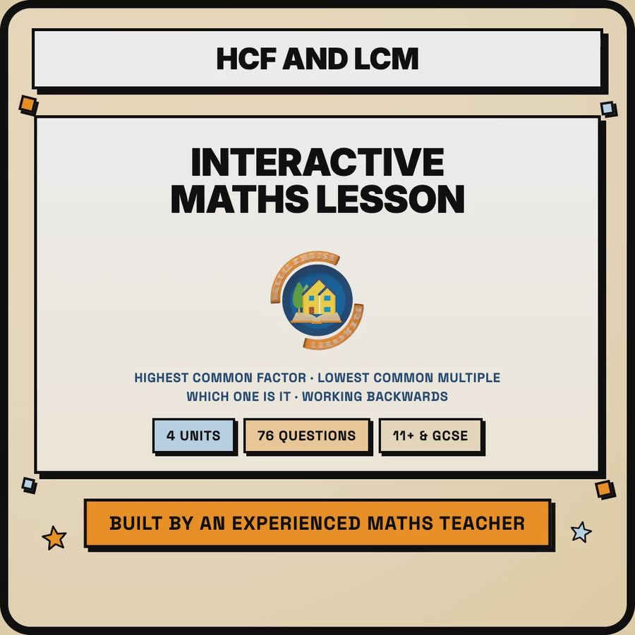 15 second preview of the HCF and LCM lesson, 4 units and 76 questions