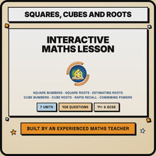15 second preview of the Squares, Cubes and Roots interactive maths lesson