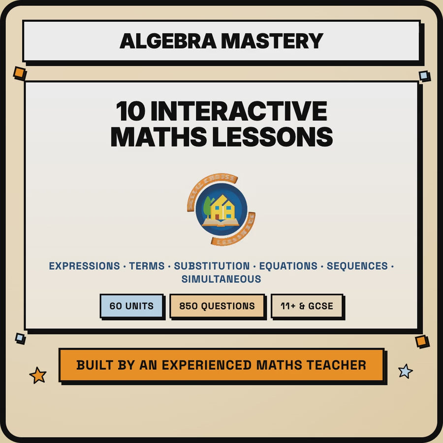 15 second demo of the Algebra Mastery Bundle interactive lessons, multi-step equation solved line by line, function machine and self-checking answers