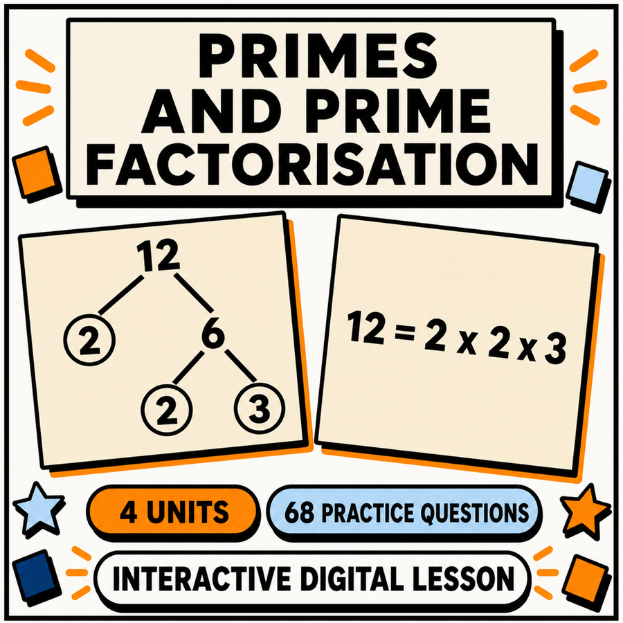 Primes and Prime Factorisation interactive maths lesson, 4 units and 68 practice questions