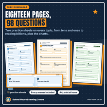 Free place value and rounding worksheet pack, eighteen A4 pages with 98 questions covering numbers to 100 through to a billion, and rounding