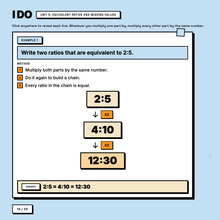 Worked example clicked through line by line showing equivalent ratios 2:5 = 4:10 = 12:30