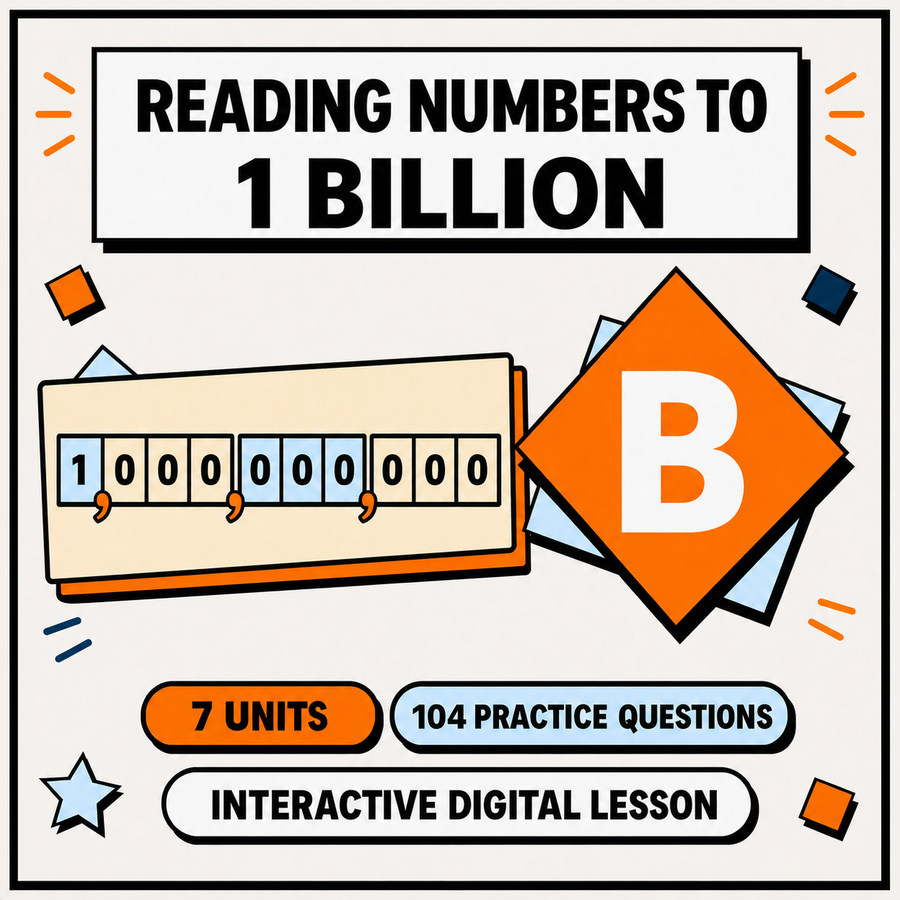 Reading Numbers to 1,000,000,000 interactive maths lesson, 7 units and 104 practice questions