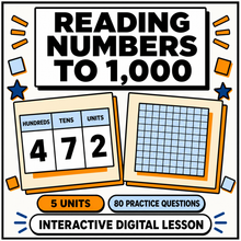 Reading Numbers to 1,000 interactive digital lesson, 5 units and 80 practice questions