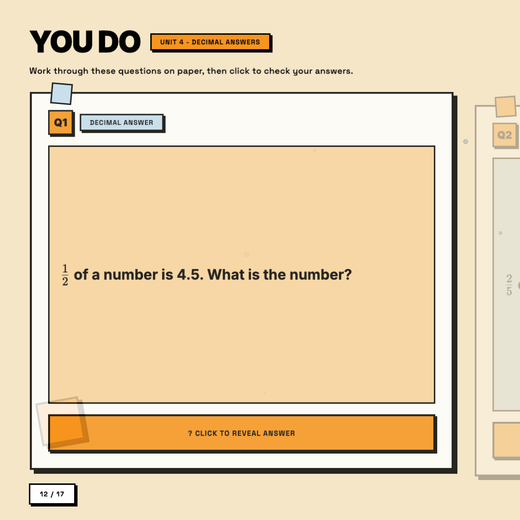 You Do practice question, Unit 4 decimal answers, answer hidden