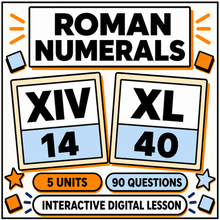Roman Numerals interactive maths lesson, 5 units and 90 questions for 11+ and KS2