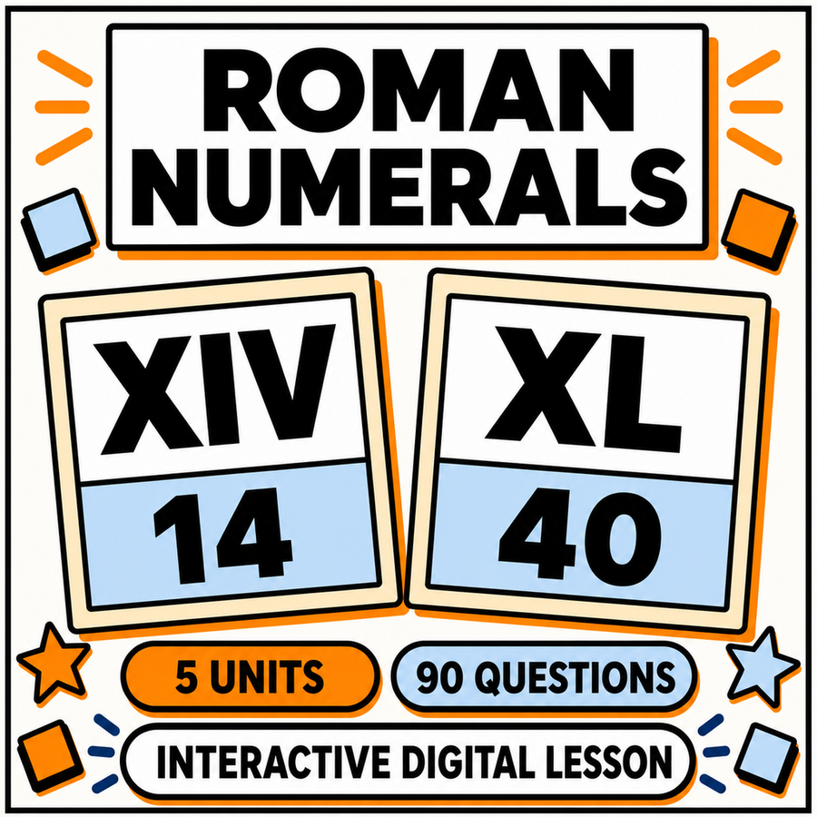 Roman Numerals interactive maths lesson, 5 units and 90 questions for 11+ and KS2