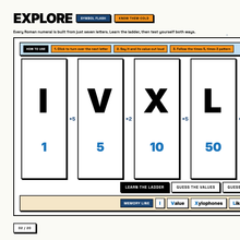 Symbol Flash explore page teaching the seven Roman symbols one at a time