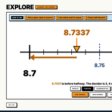 Number line zoomer explore tool showing 8.7337 rounding down to 8.7