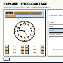 Interactive clock face explore tool with 12-hour and 24-hour readouts