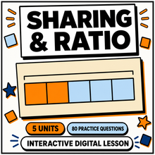 Sharing and Ratio Problems interactive digital maths lesson for 11+ and GCSE, 5 units and 80 practice questions