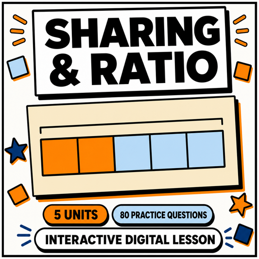 Sharing and Ratio Problems interactive digital maths lesson for 11+ and GCSE, 5 units and 80 practice questions