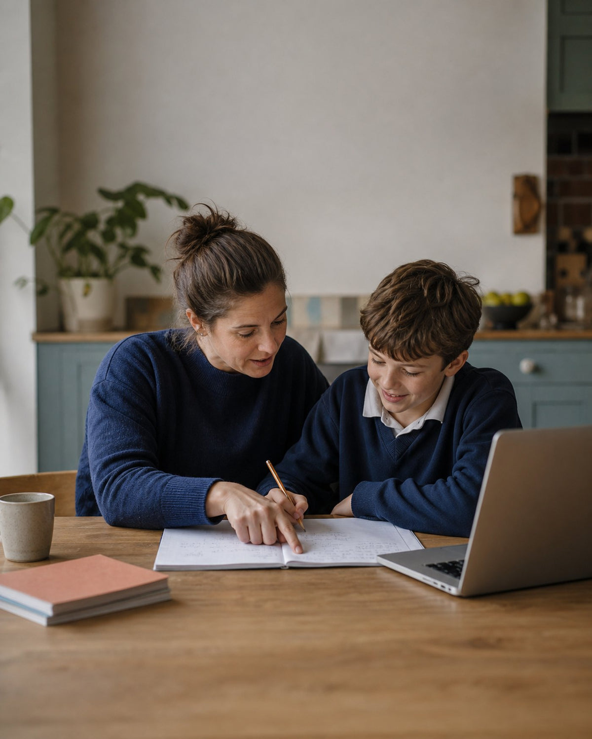 An experienced teacher working through a maths question with a pupil at home