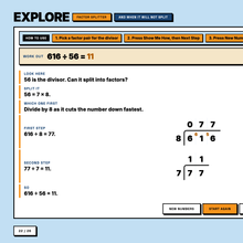 Factor Splitter explore tool working 616 divided by 56 as divide by 8 then divide by 7