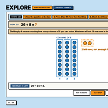 Remainder Machine explore tool showing 26 divided by 8 as columns of counters with 2 left over