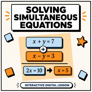 Solving Simultaneous Equations by Elimination interactive digital lesson for 11+ and GCSE maths revision