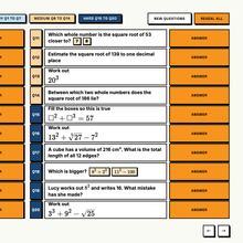Hardest tier questions from the mixed challenge slide, answers hidden behind click to reveal