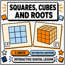Squares, Cubes and Roots interactive maths lesson for 11+ and GCSE, 7 units and 108 practice questions