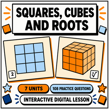 Squares, Cubes and Roots interactive maths lesson for 11+ and GCSE, 7 units and 108 practice questions