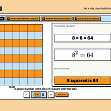 Square Builder explore tool showing 8 times 8 equals 64 as a built square