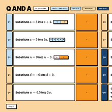 Easy tier practice questions, Unit 1 one-step substitution, answers hidden