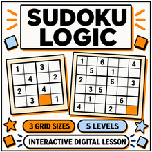 Sudoku for kids interactive lesson, 4 by 4 and 6 by 6 grids, 3 grid sizes, 5 levels