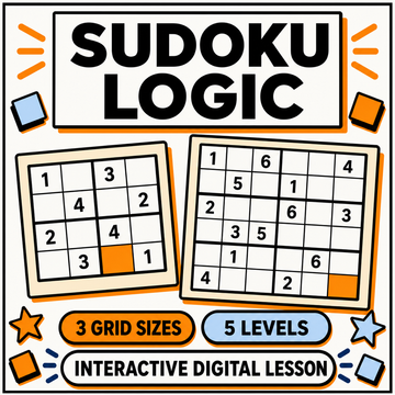 Sudoku for kids interactive lesson, 4 by 4 and 6 by 6 grids, 3 grid sizes, 5 levels
