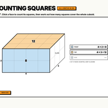Interactive tool counting the squares on each face of a cuboid