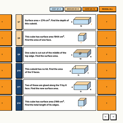 Hardest tier surface area questions with 3D diagrams and hidden answers