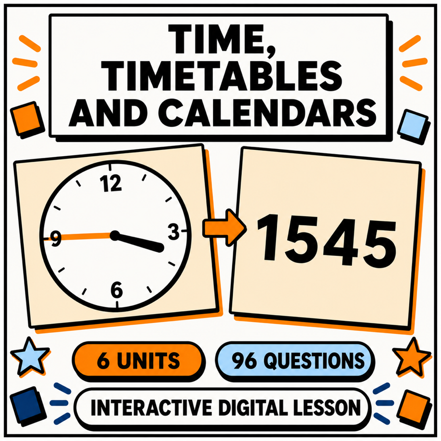 Time, Timetables and Calendars interactive maths lesson, 6 units and 96 questions for 11+ and GCSE