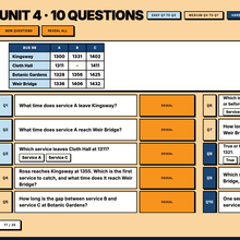 Bus timetable questions with the timetable to read them from, answers hidden