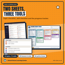 Free 11+ maths topic checklist and Maths Progress Tracker, 38 topics, 112 skills and 80 lessons on two A4 sheets