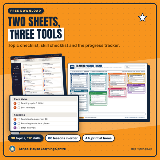 Free 11+ maths topic checklist and Maths Progress Tracker, 38 topics, 112 skills and 80 lessons on two A4 sheets