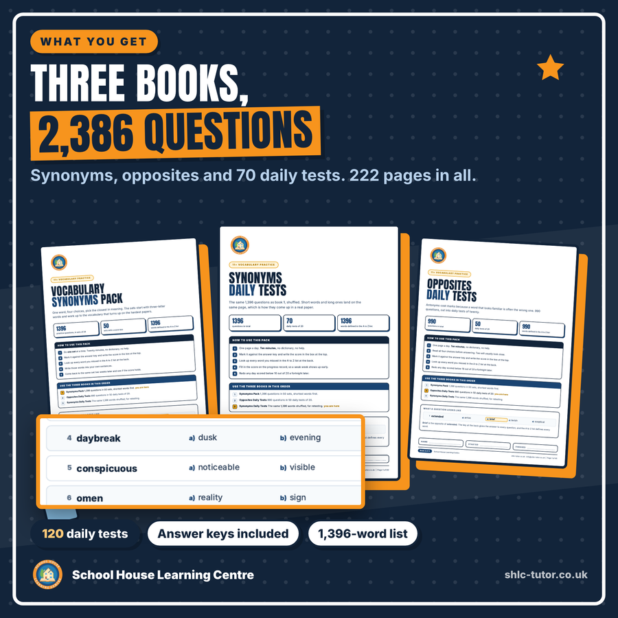 11+ Vocabulary Mastery Pack, three books and 2,386 synonym and antonym questions across 222 pages