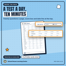 A daily 11+ vocabulary test of twenty synonym questions with a score box and date line at the top