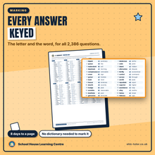 Answer key from the 11+ Vocabulary Mastery Pack showing the letter and the answer word for every question