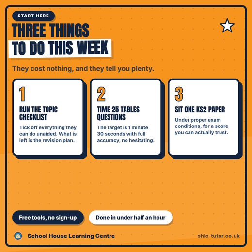 Three free things to do this week: run the 11+ maths topic checklist, time 25 times tables questions, sit one KS2 paper under exam conditions