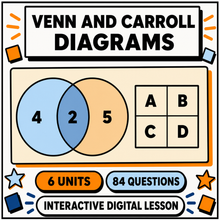 Venn Diagrams and Carroll Diagrams interactive maths lesson for 11+ and GCSE, 6 units and 84 questions