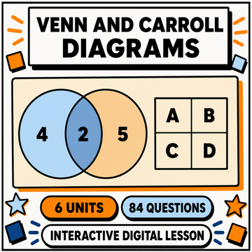 Venn Diagrams and Carroll Diagrams interactive maths lesson for 11+ and GCSE, 6 units and 84 questions
