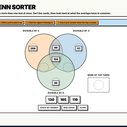 Venn sorter explore tool sorting numbers by divisibility by 2, 3 and 5
