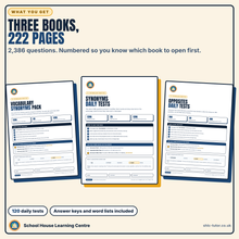 Three 11+ vocabulary workbooks, 205 pages, showing the synonyms pack, the daily tests and the opposites pack