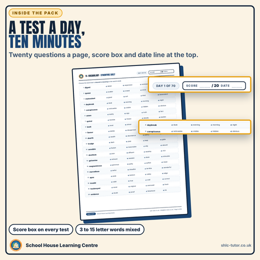 A daily 11+ vocabulary test of 20 synonym questions with a score box and date line at the top