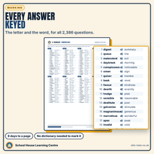 Answer key page from the 11+ vocabulary pack, showing the letter and answer word for every question