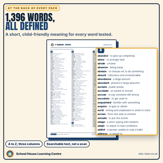 A to Z word list from the 11+ vocabulary pack defining every word tested